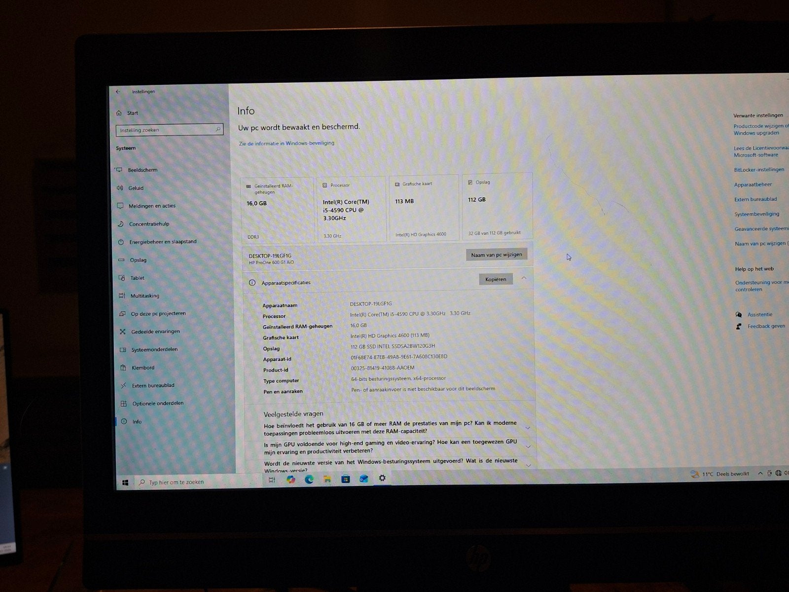 HP ProOne 600 G1 All-in-One PC - i5, 16GB RAM, 112GB SSD, Computers en Software, Ophalen, Intel Core i5-4590, Gebruikt, Met monitor