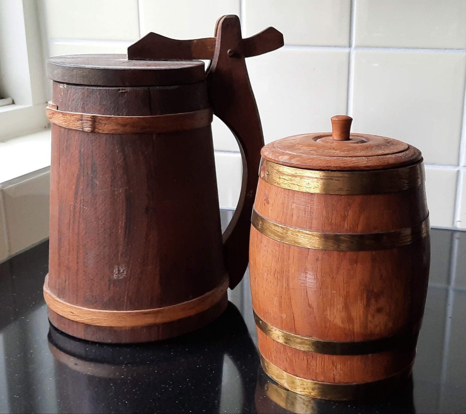 Vintage houten tabakspot en bierpul, Antiek en Kunst, Ophalen of Verzenden