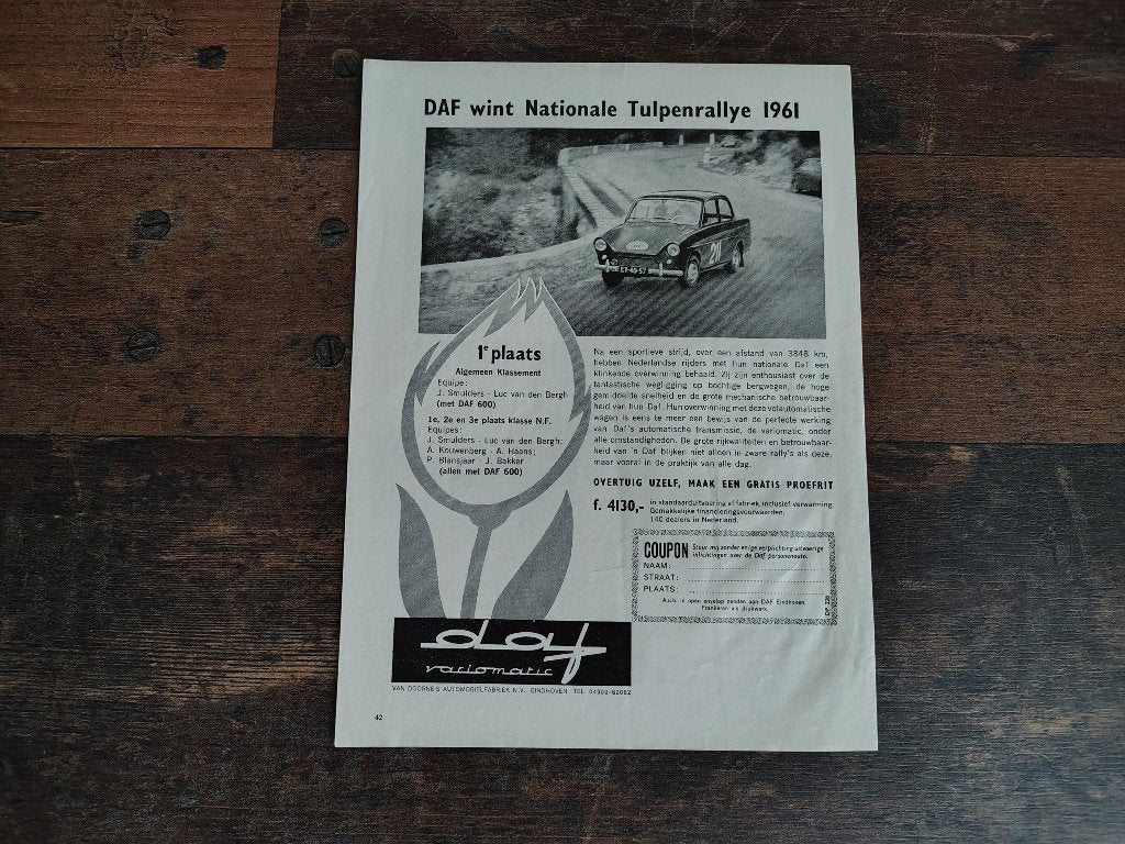 Reclame: DAF 750/ Rallye / Variomatic (1961) 29 x 21 cm, Ophalen of Verzenden, Gebruikt, Auto's