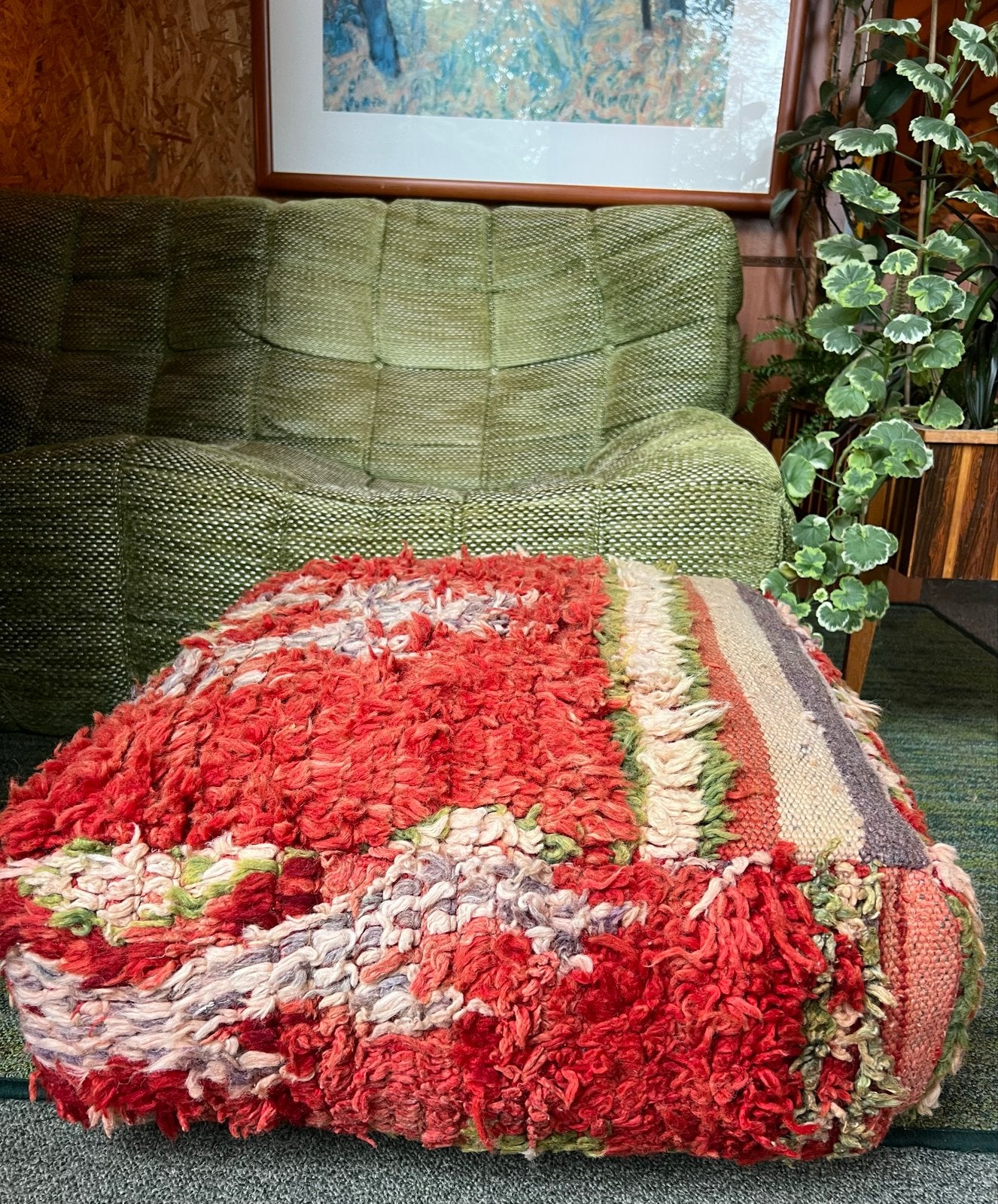 Vintage Marokkaanse Poef - Rood met Kleurrijke Patronen, Ophalen, Gebruikt, Vierkant, 50 tot 75 cm