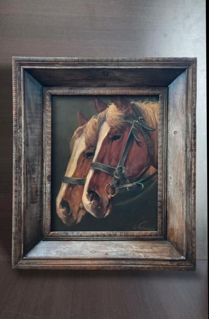 Schilderij paarden olieverf op doek in zware houten lijst, Ophalen of Verzenden