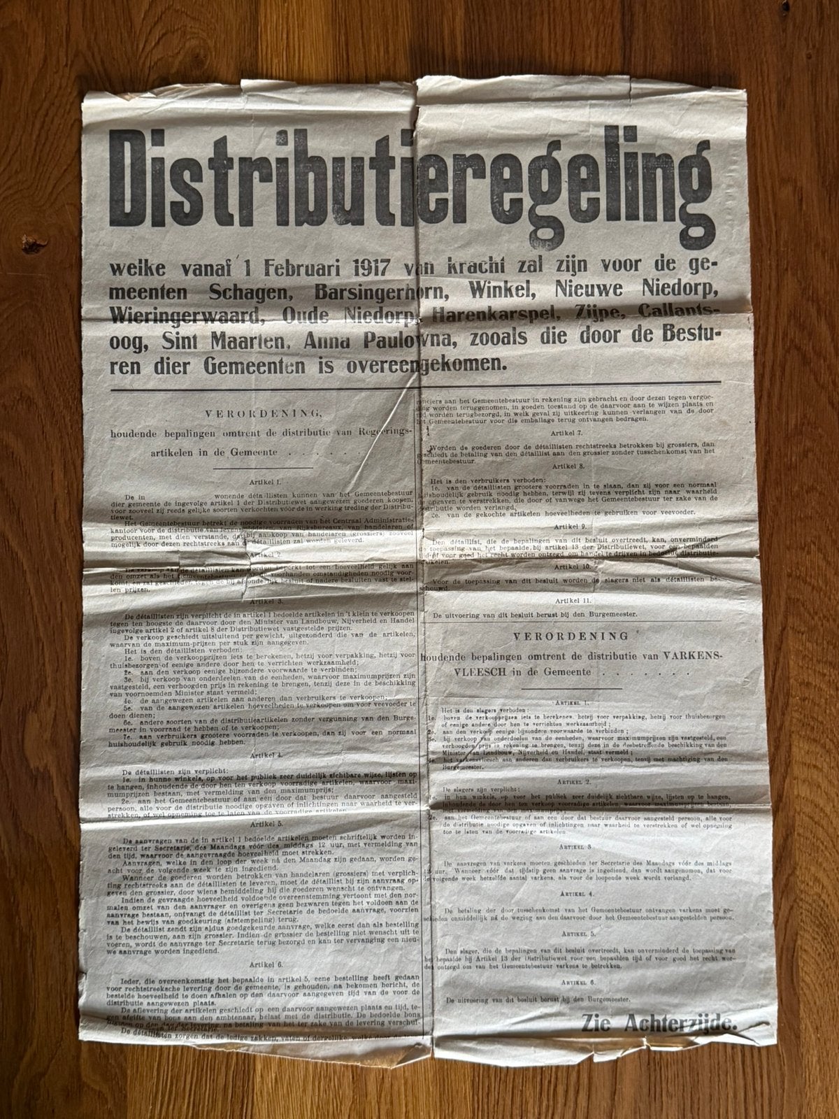 Affiche Distributieregeling Gemeente Schagen, februarie 1917, Verzamelen, Ophalen of Verzenden, Gebruikt
