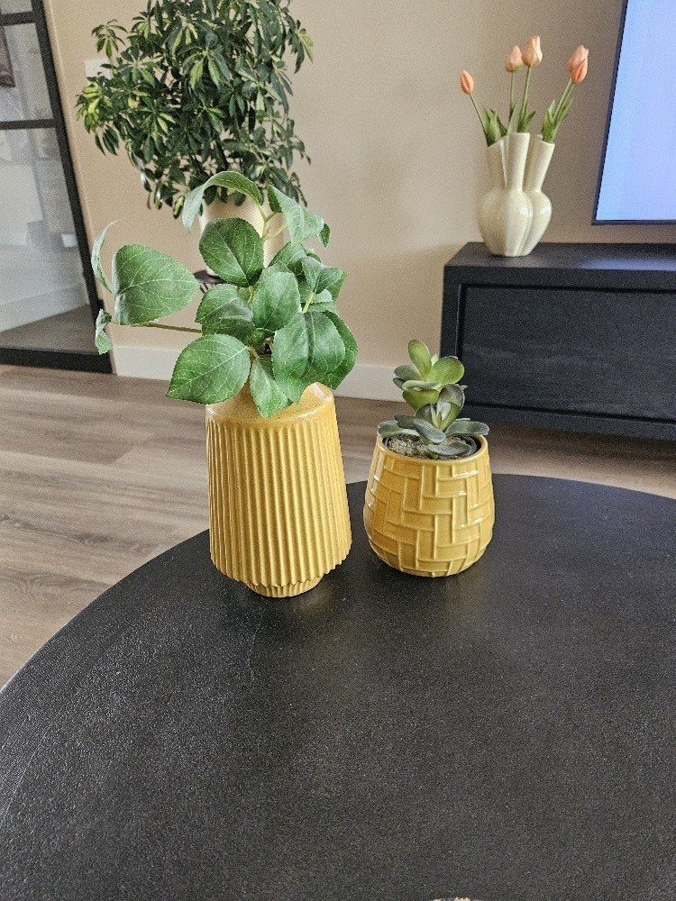 2 oker gele vaasjes incl plantjes, Perfecte staat, Ophalen, Zo goed als nieuw, Geel, Overige materialen