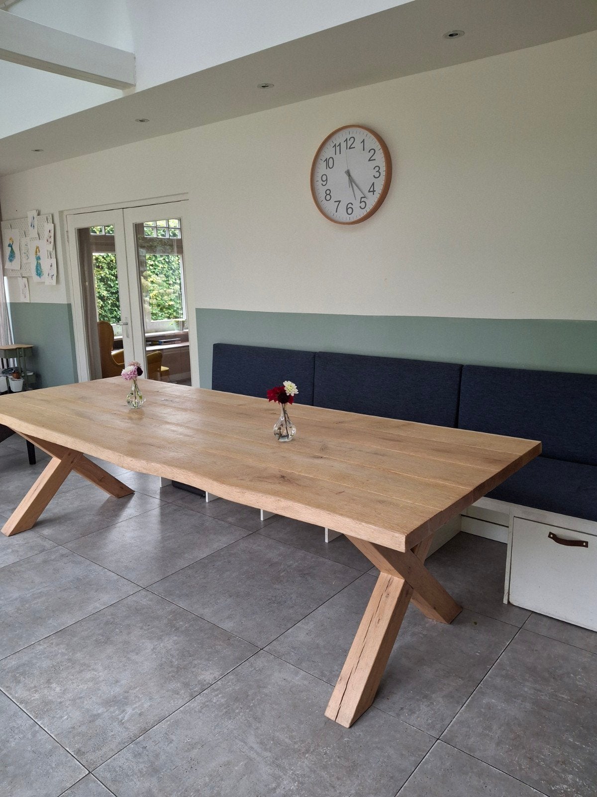 Massief houten eettafel met houten X-poot, Ophalen, Gebruikt, 100 tot 150 cm, 200 cm of meer