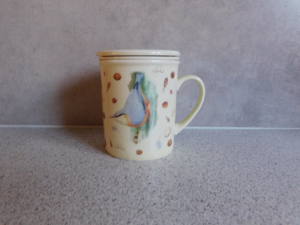 Mok met theezeef en deksel - Boomklever Vivara 9x8 cm, Huis en Inrichting, Gebruikt, Overige merken, Keramiek, Overige stijlen