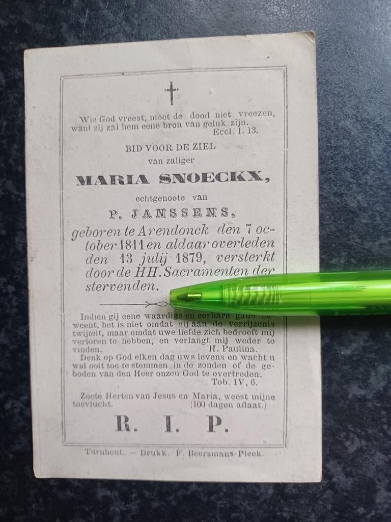 Bidprentje Arendonck Maria Snoeckx 1811 1879, Ophalen, Bidprentje