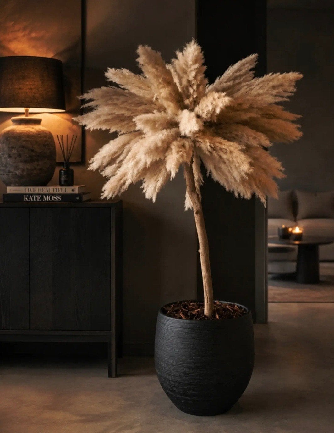 Pampas boom incl zwarte pot (+/- 145 cm), Binnen, Natuurlijk materiaal, Handgemaakt, Kunstplant