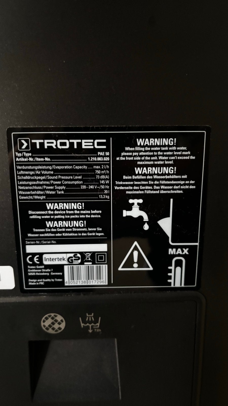 Trotec PAE 50 Mobiele Airco - Krachtige Luchtkoeler, Ophalen, 3 snelheden of meer, Zo goed als nieuw, Koelen en Ontvochtigen