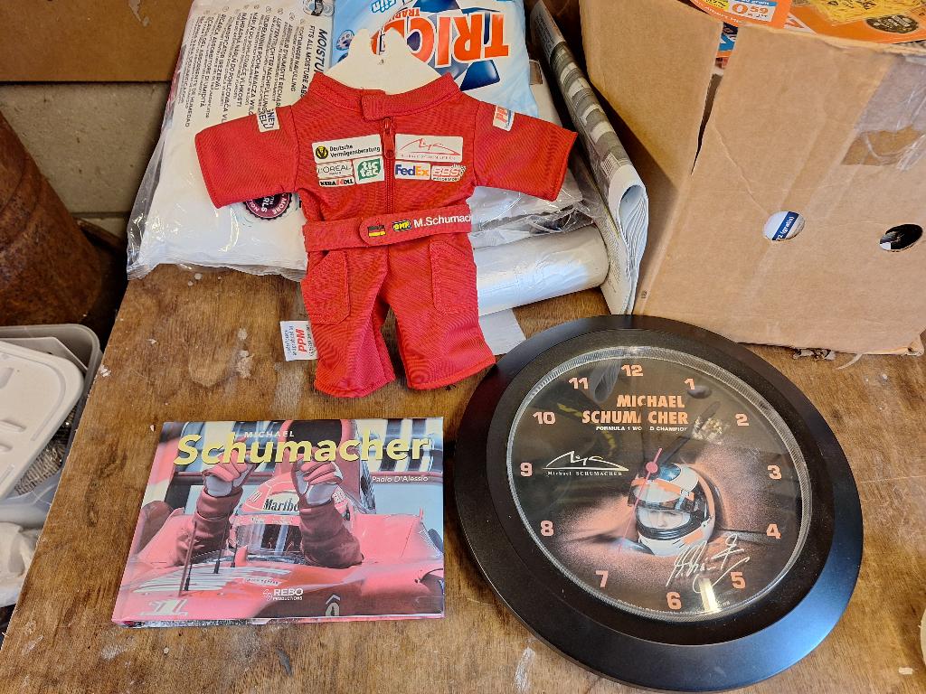 Vintage Michael Schumacher klok, boek en mini shirtje, Ophalen of Verzenden, Gebruikt, Auto's
