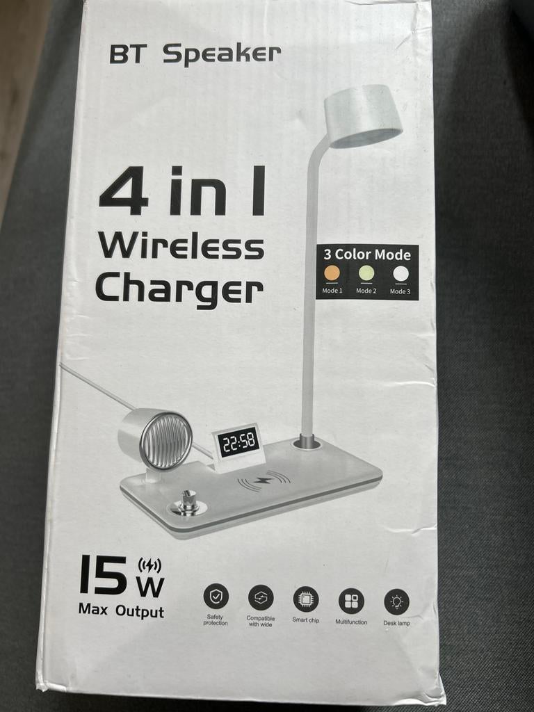 4-in-1 Draadloze Oplader met Lamp, Klok & Bluetooth Speaker, Ophalen, Nieuw