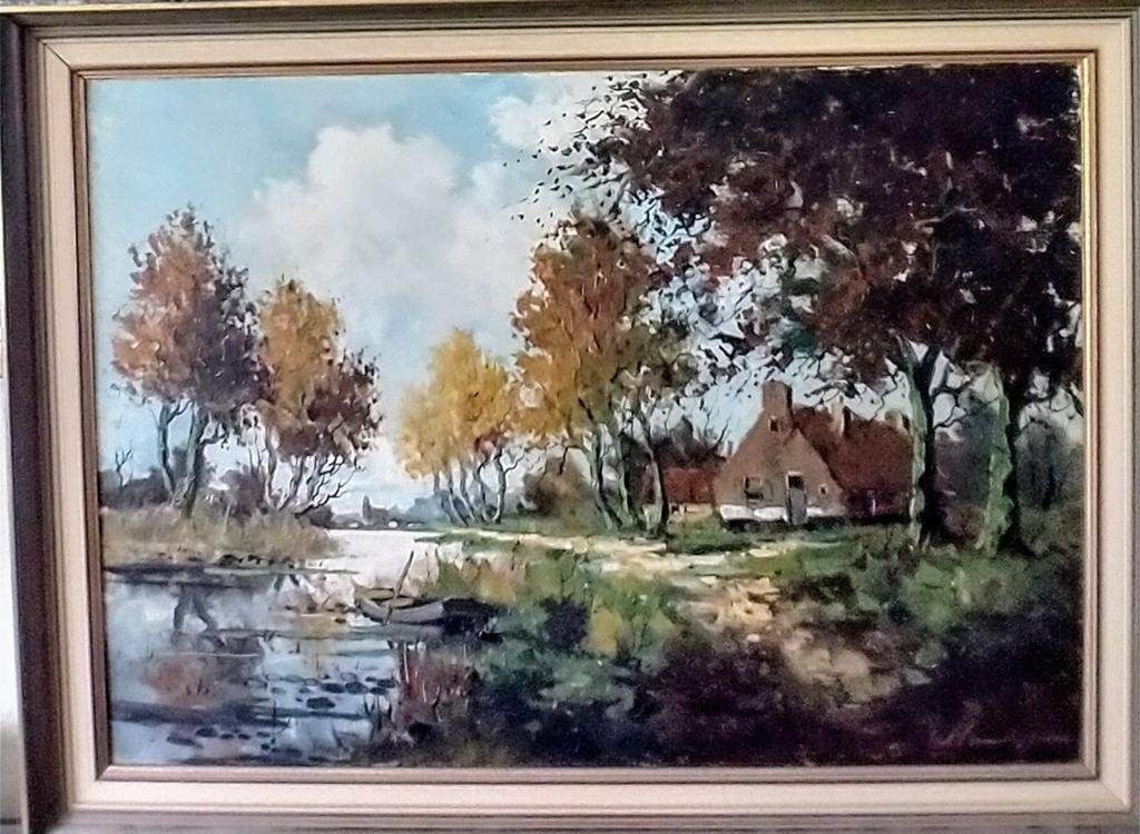 Schilderij: Hollands Landschap met Boerderij en Water, Antiek en Kunst, Ophalen of Verzenden