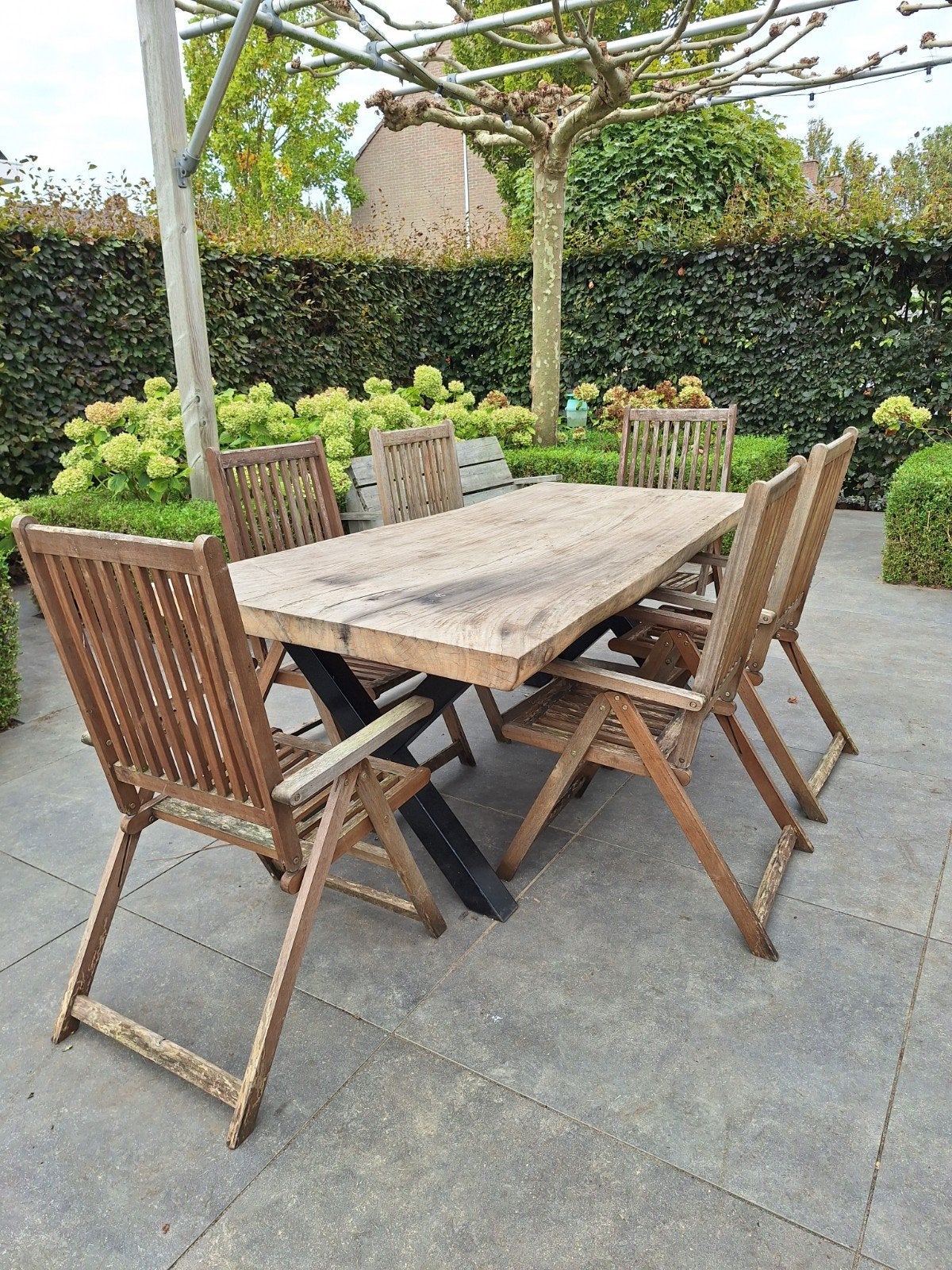 6 houten tuinstoelen, inklapbaar en verstelbaar, Ophalen, Gebruikt, Hout, Inklapbaar