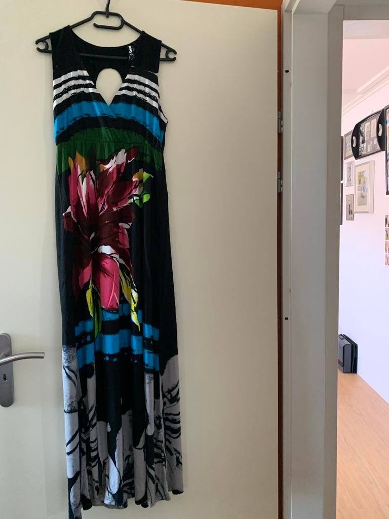 Desigual lange jurk met bloemenprint en strepen, Zwart, Maat 42/44 (L), Nieuw, Ophalen of Verzenden