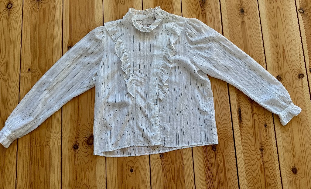 Minus blouse - Wit Streep met ruffles - Maat 42 / Large, Kleding | Dames, Ophalen of Verzenden, Zo goed als nieuw, Maat 42/44 (L)