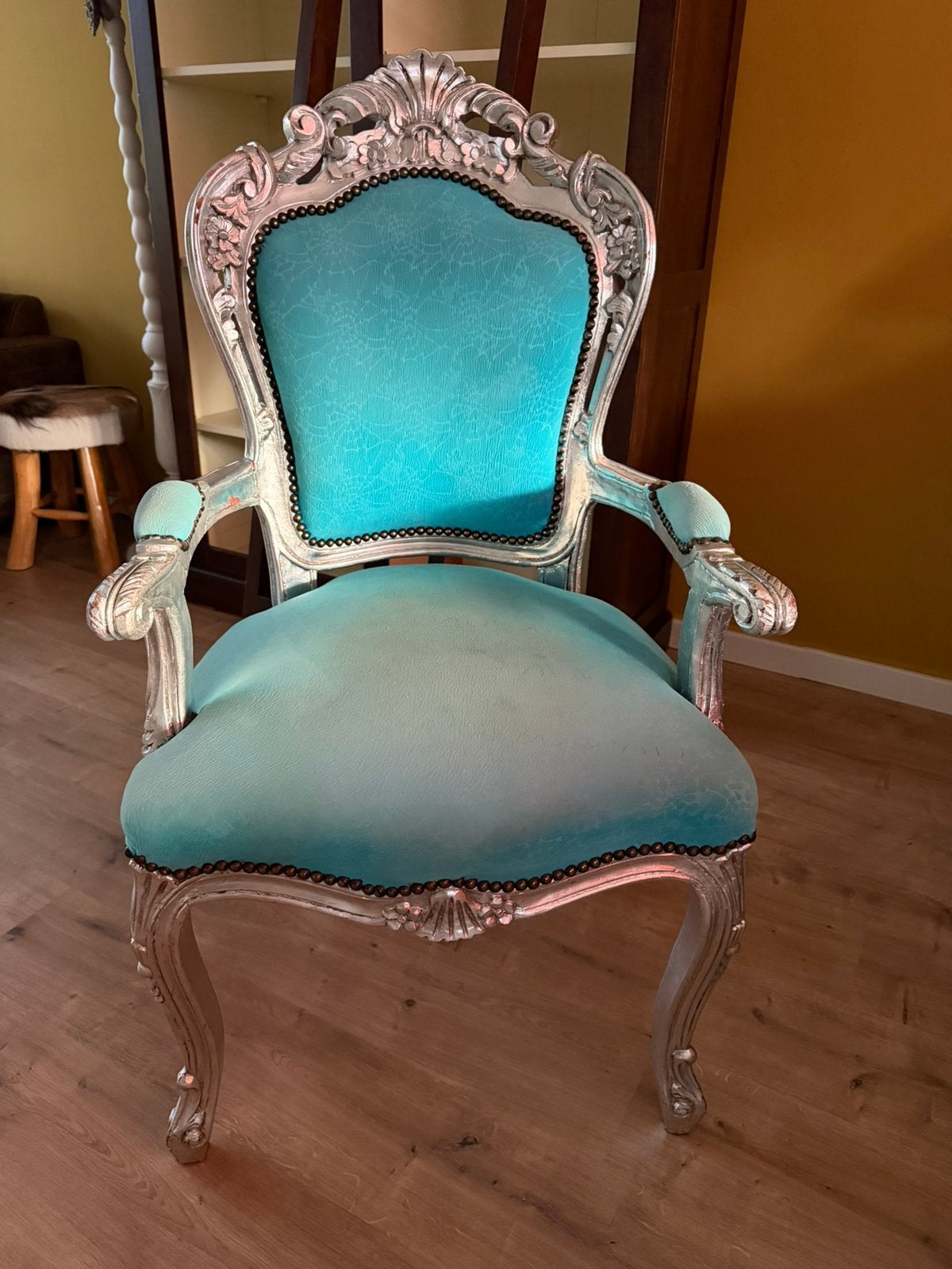 Mint/aqua groen met zilveren queen ann stoel, Overige materialen, Gebruikt, Overige kleuren, Ophalen of Verzenden