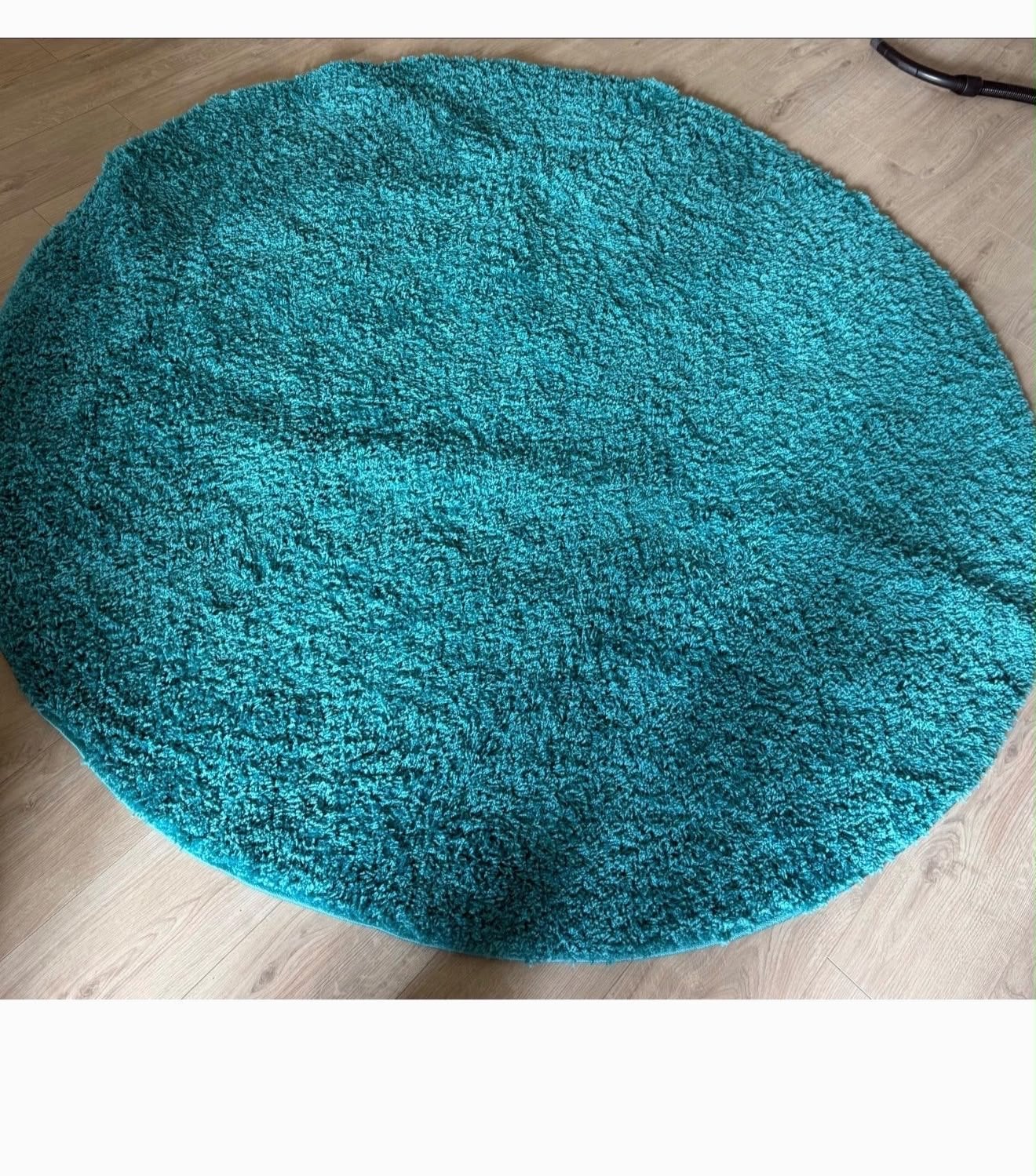Rond turquoise shaggy vloerkleed, 200x200 cm, Ophalen, Gebruikt, Blauw, 150 tot 200 cm