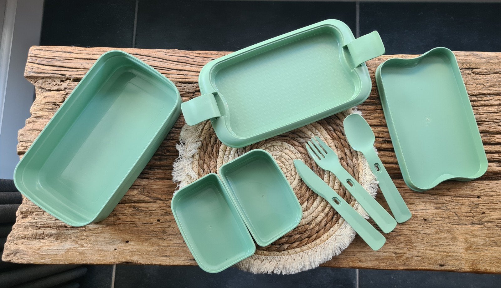 Curver Broodtrommel met Bestek en Extra Vakjes - Groen, Kunststof, Ophalen of Verzenden, Broodtrommel, Overige merken