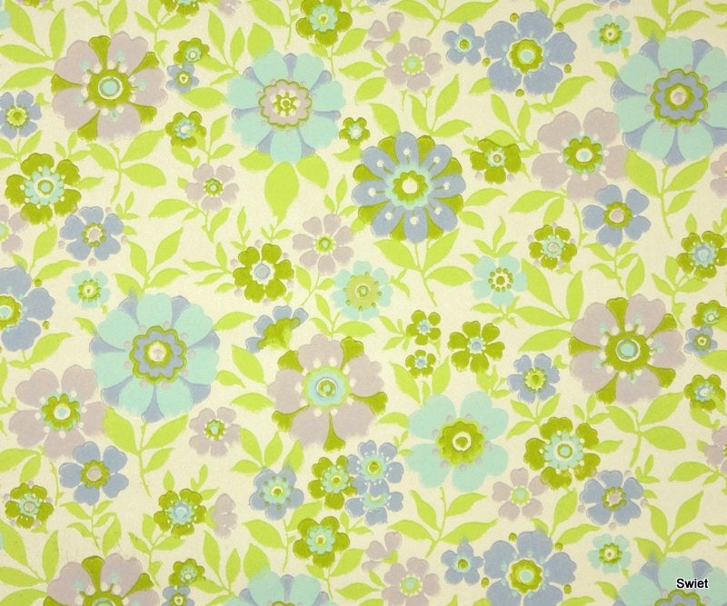 9847 bloemenbehang groen blauw jaren 70 Rath & Doodeheefver, Ophalen of Verzenden, Groen