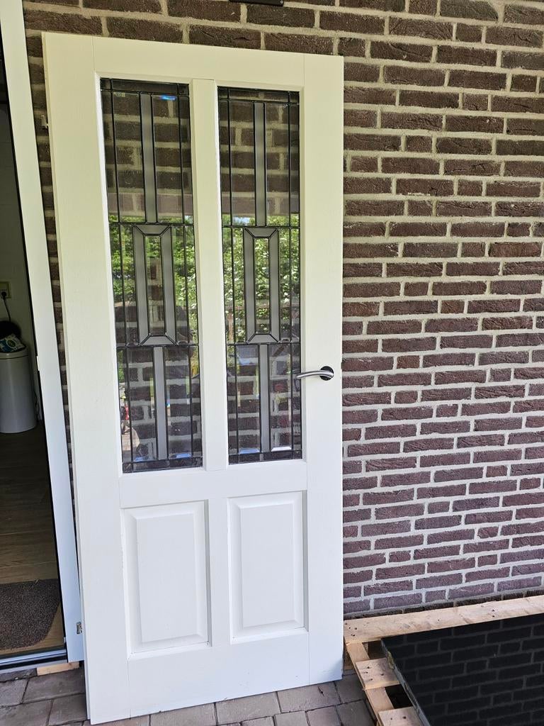 Houten opdekdeur met glas in lood, Ophalen, Gebruikt, Binnendeur, Glas