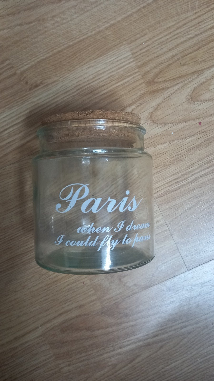 Nieuwe glazen pot met kurk en 'Paris' opdruk, 14 cm, Huis en Inrichting, Ophalen of Verzenden, Nieuw, Glas