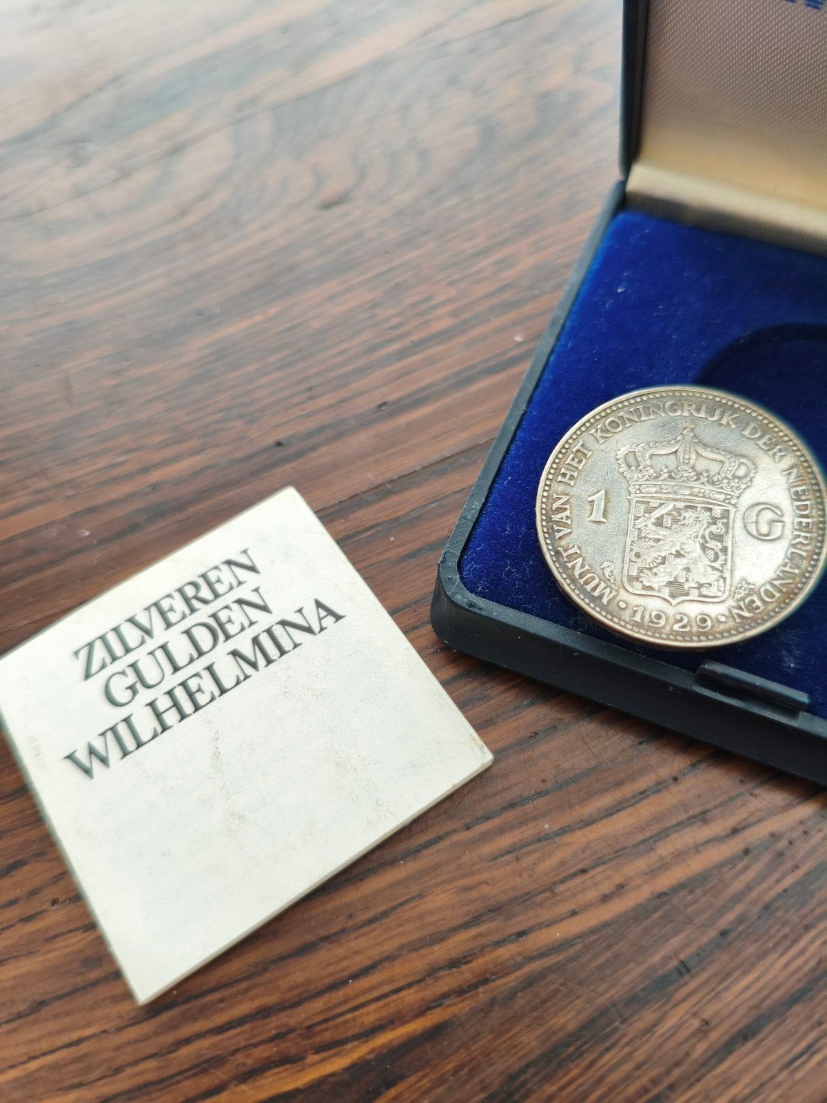 Zilveren 1 Gulden Wilhelmina 1929 in NMB BANK doosje, 1 gulden, Zilver, Ophalen of Verzenden, Koningin Wilhelmina