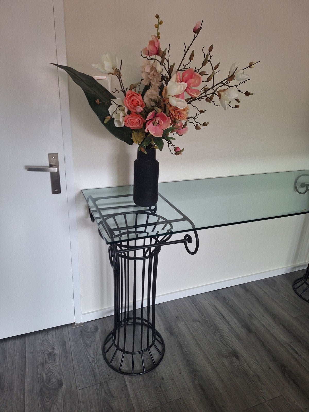 Glazen sidetable met 2 zwarte zuilen - 200x60x90 cm, Ophalen, Gebruikt, 200 cm of meer, Glas
