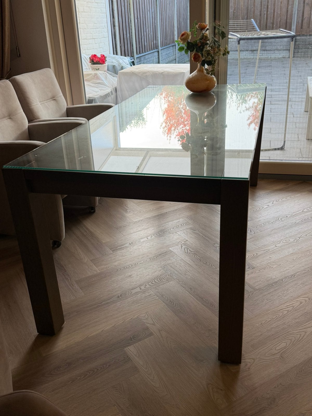 Tafel met glas €50, Gebruikt, 200 cm of meer, Glas, Rechthoekig