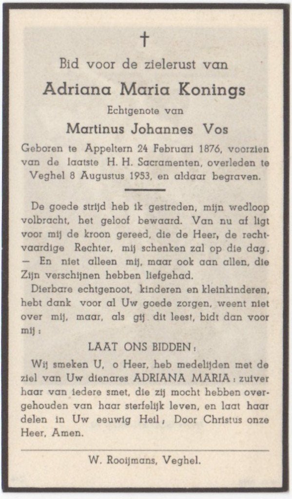 Adriana M. Konings 1876 Appeltern + 1953 Veghel, 77 jaar oud, Ophalen of Verzenden