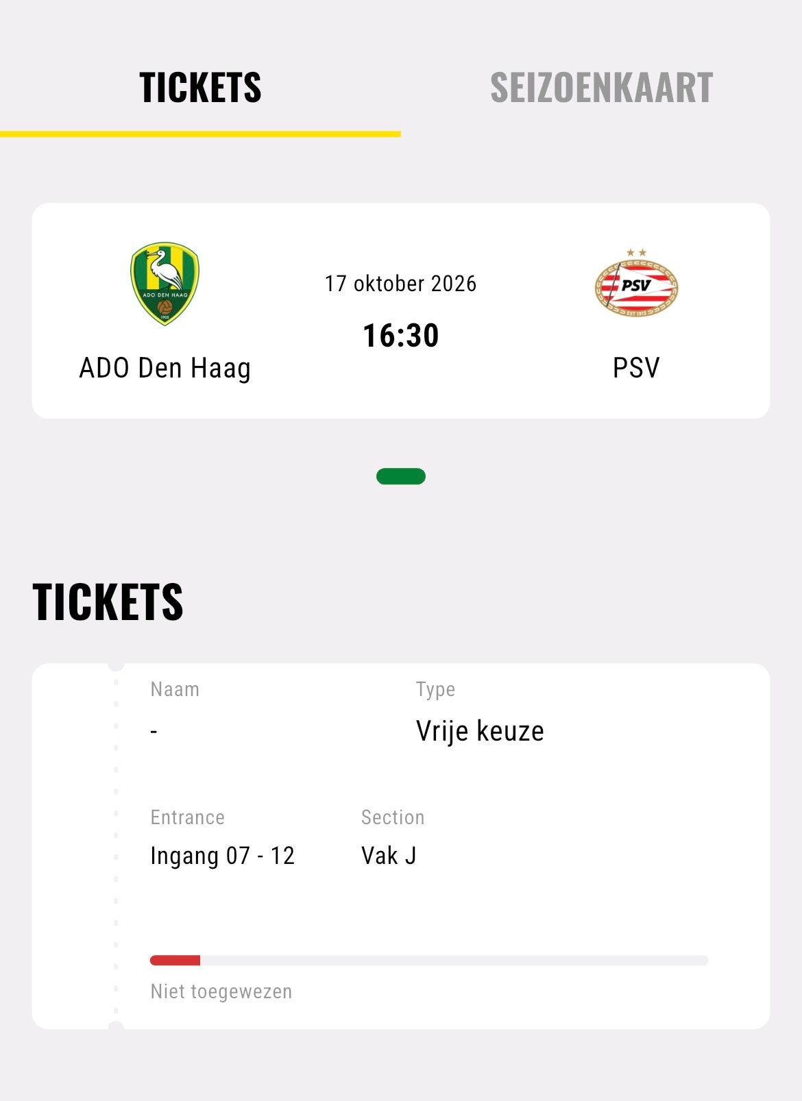 2 eredivisie tickets ADO - PSV za 17 oktober 16:30, Tickets en Kaartjes, Twee personen, Overige soorten
