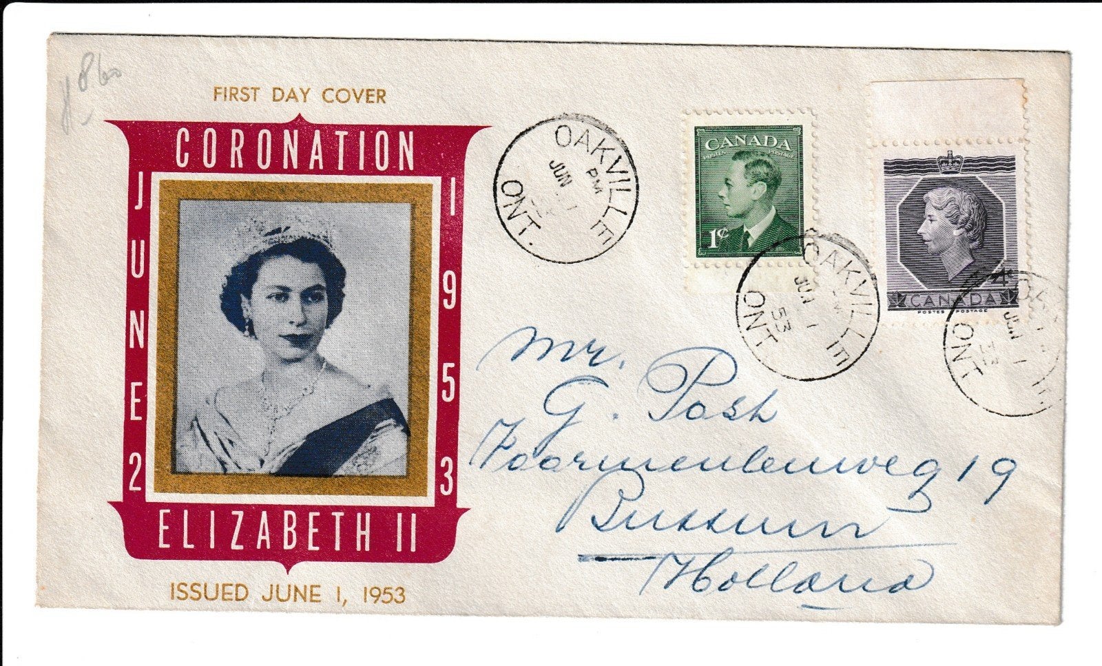FDC Canada 1953 Kroning Elizabeth II (naar Bussum), Postzegels en Munten, Ophalen of Verzenden, Beschreven, Rest van de wereld