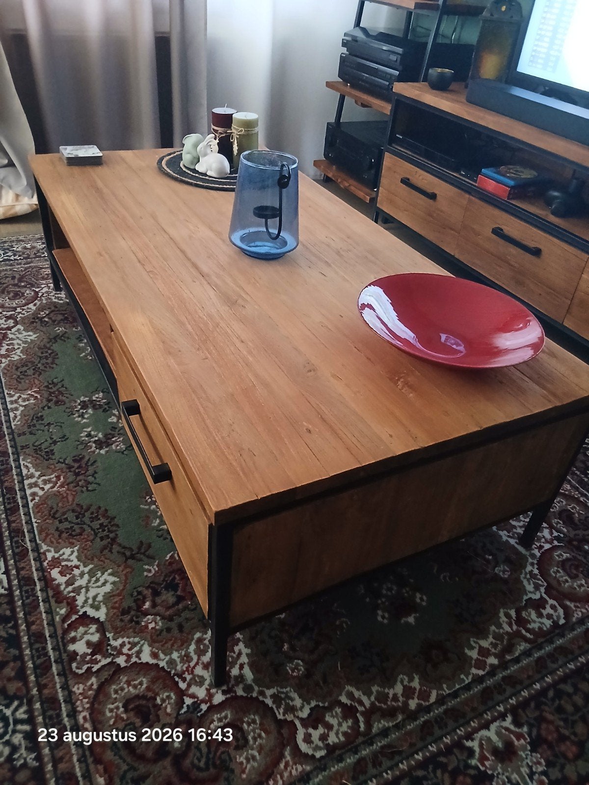 Salontafel Teakhout met metalen frame., Gebruikt, 100 tot 150 cm, Industrieel, Modern, 50 tot 100 cm