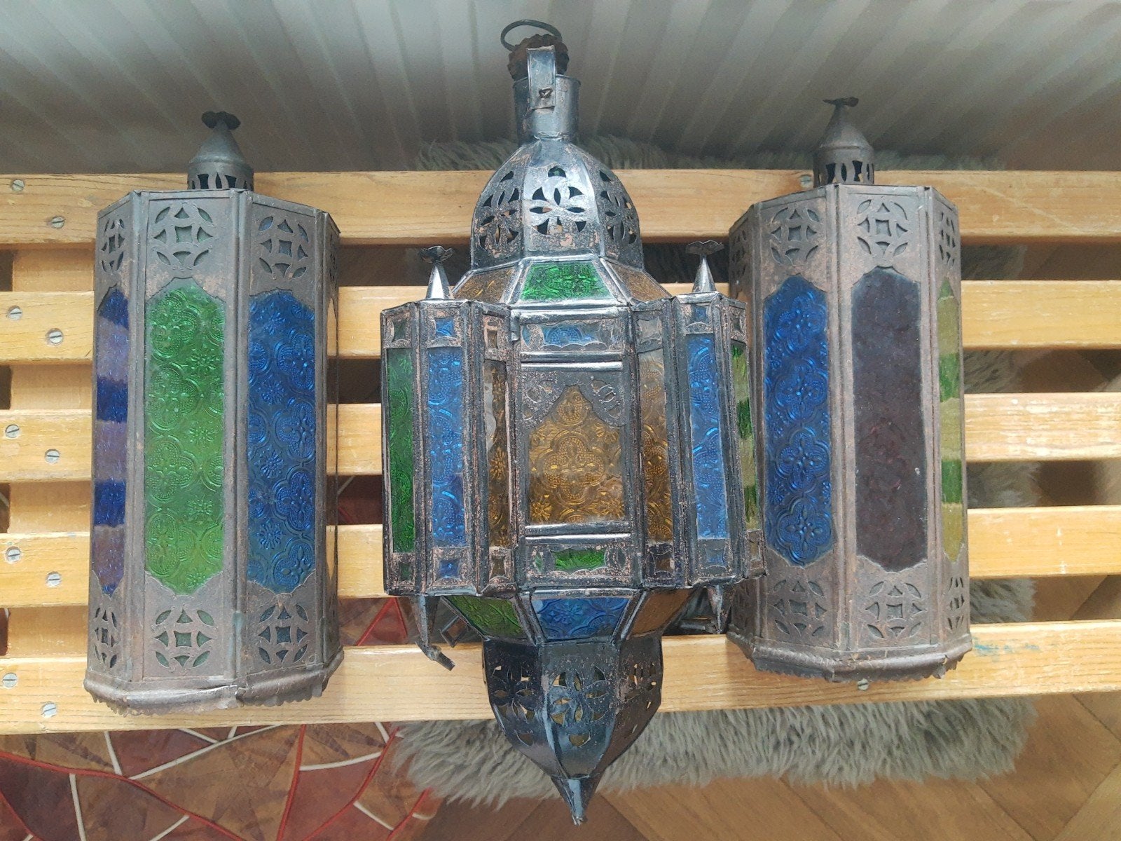 Set antieke Moorse Arabische lampen metaal met gekleurd glas, Ophalen of Verzenden, Gebruikt, Glas, Ibiza