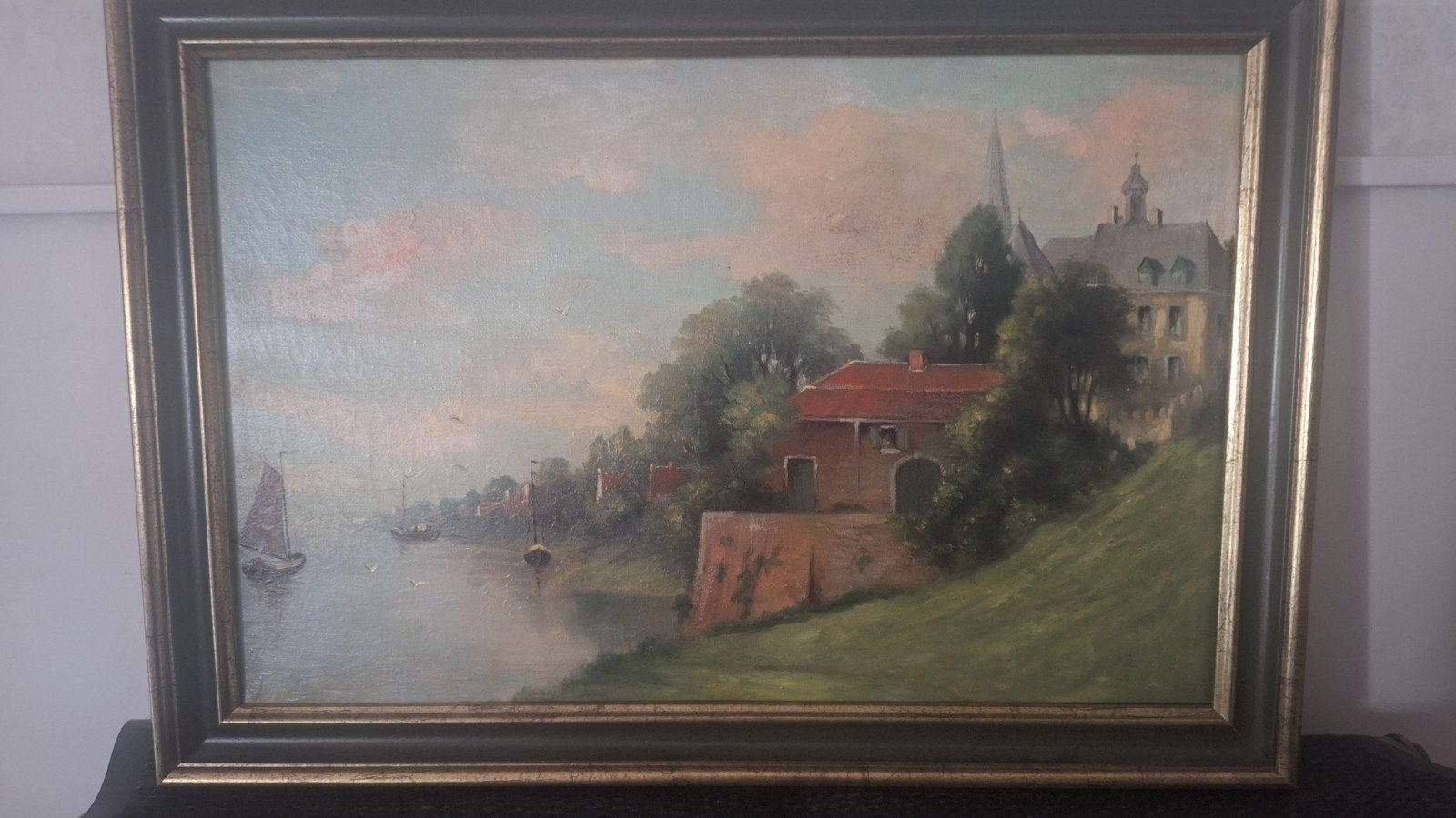 Klassiek olieverfschilderij: Stadsgezicht aan het water, Antiek en Kunst, Kunst | Schilderijen | Klassiek, Ophalen of Verzenden