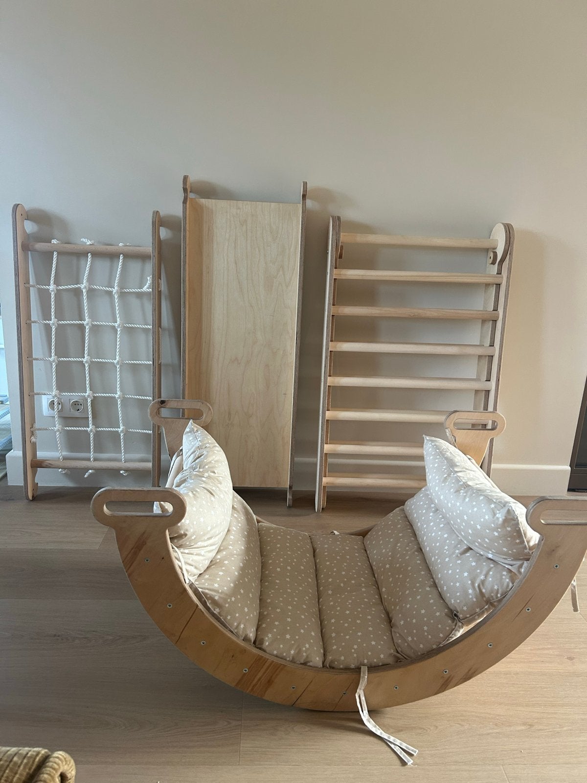 Houten Klimrek en Schommel/Wieg Set voor Kinderen, Ophalen, Zo goed als nieuw, Glijbaan