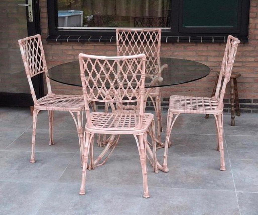 Faux Bamboo tuinset tafel 4 stoelen vintage, Ophalen, 4 zitplaatsen, Vintage, Aluminium