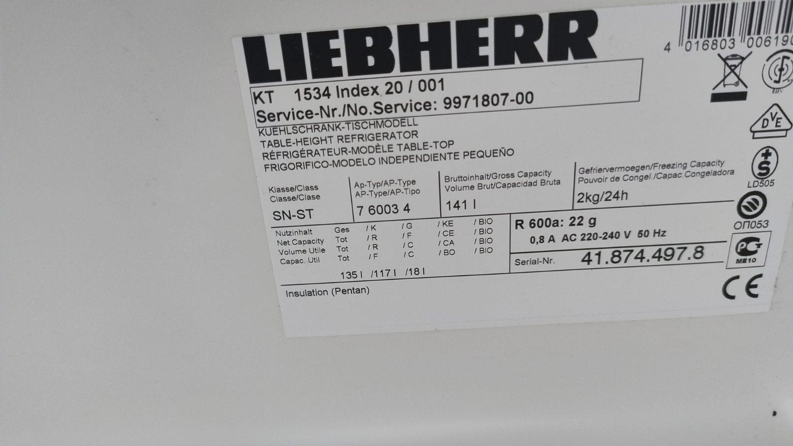 Liebherr koelkast onderdelen, 200 liter of meer, Ophalen, Zonder vriesvak, 160 cm of meer