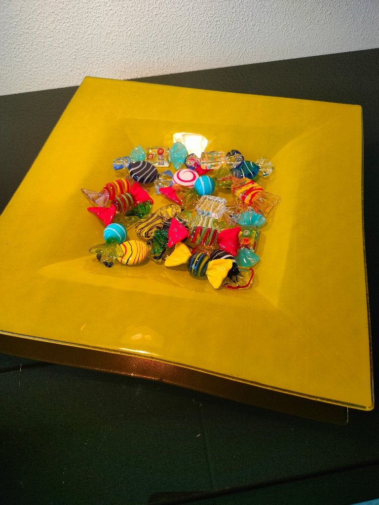 Schaal Glas Geel Murano Snoepjes (20) Sweets 1980, Antiek en Kunst, Antiek | Glas en Kristal, Ophalen of Verzenden