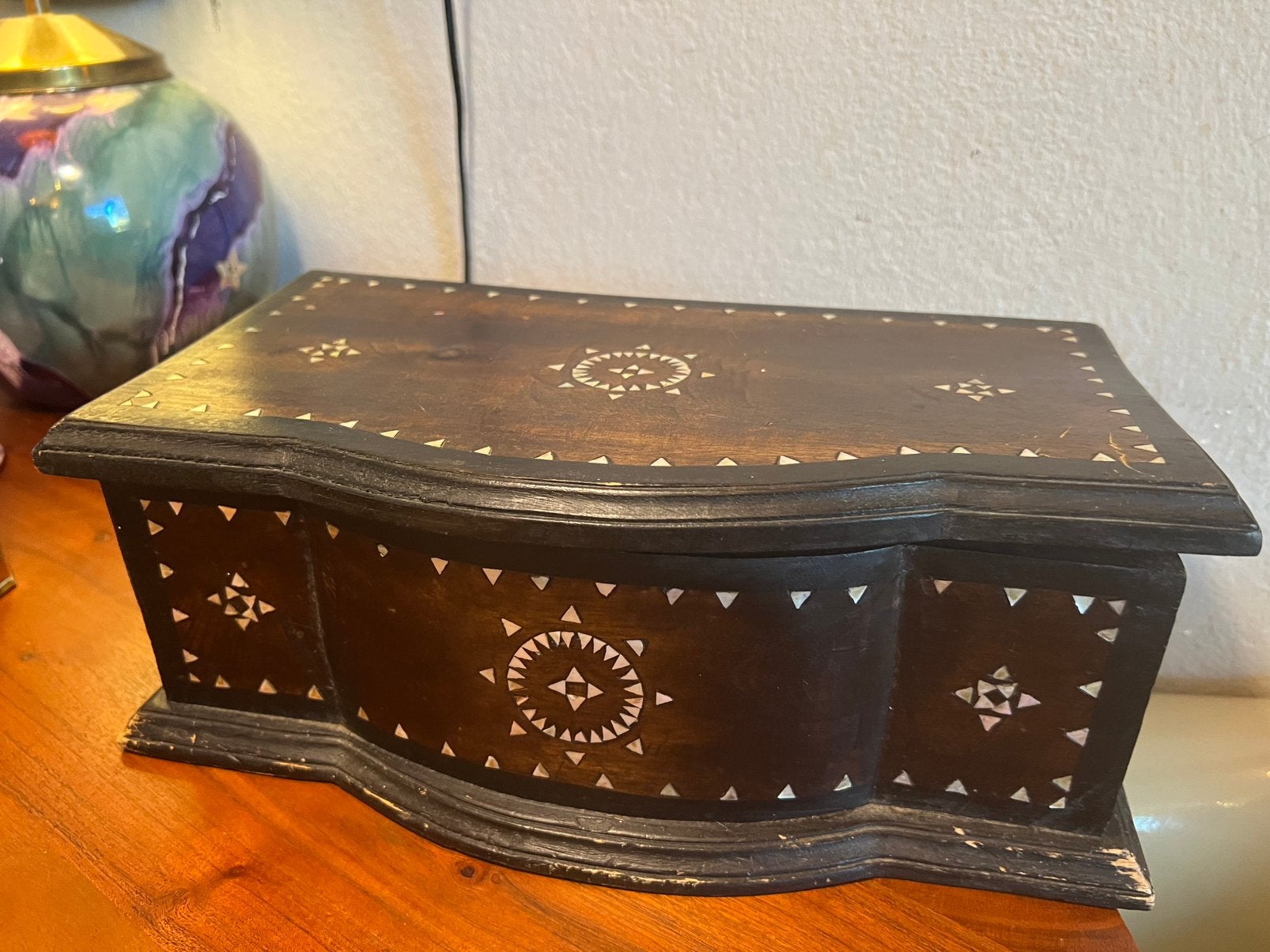 Antiek houten vintage parelmoer ingelegd kistje sieradendoos, Huis en Inrichting, Minder dan 50 cm, Gebruikt, 50 tot 100 cm, Teakhout