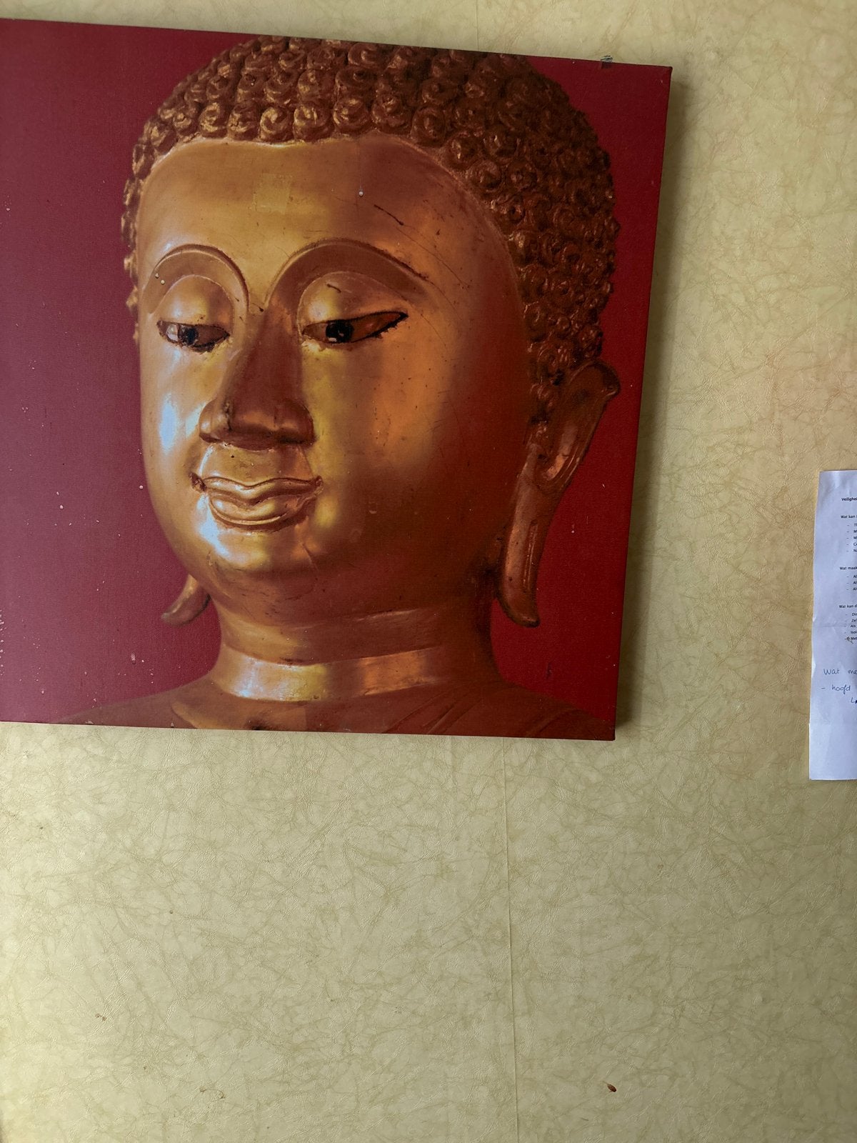 Boeddha Hoofd Schilderij op Rood-Oranje Achtergrond, Doek, Realistisch, Ophalen of Verzenden, Handgeschilderd