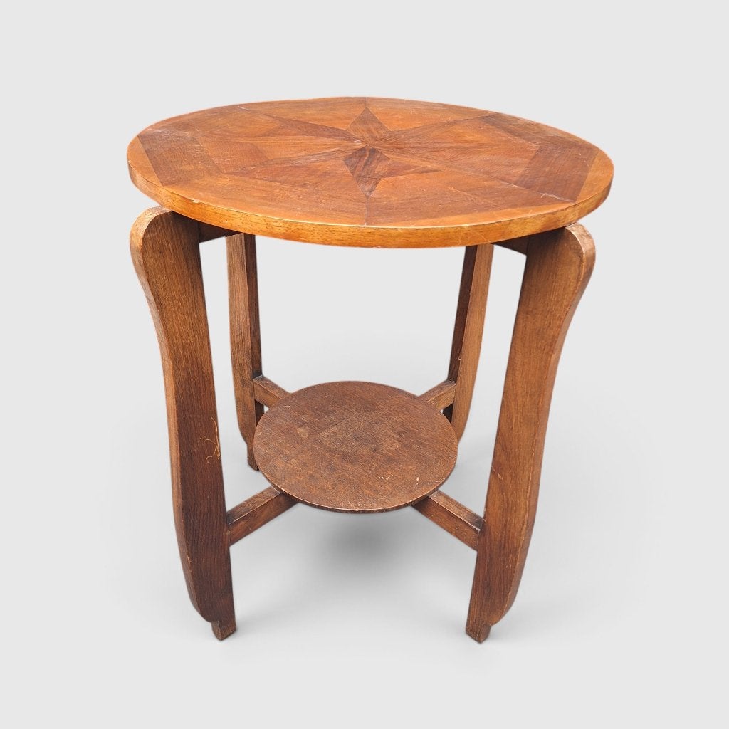 Vintage houten bijzettafel met stermotief-fineer, Ophalen, Gebruikt, Vintage, Art Deco, 55 tot 75 cm