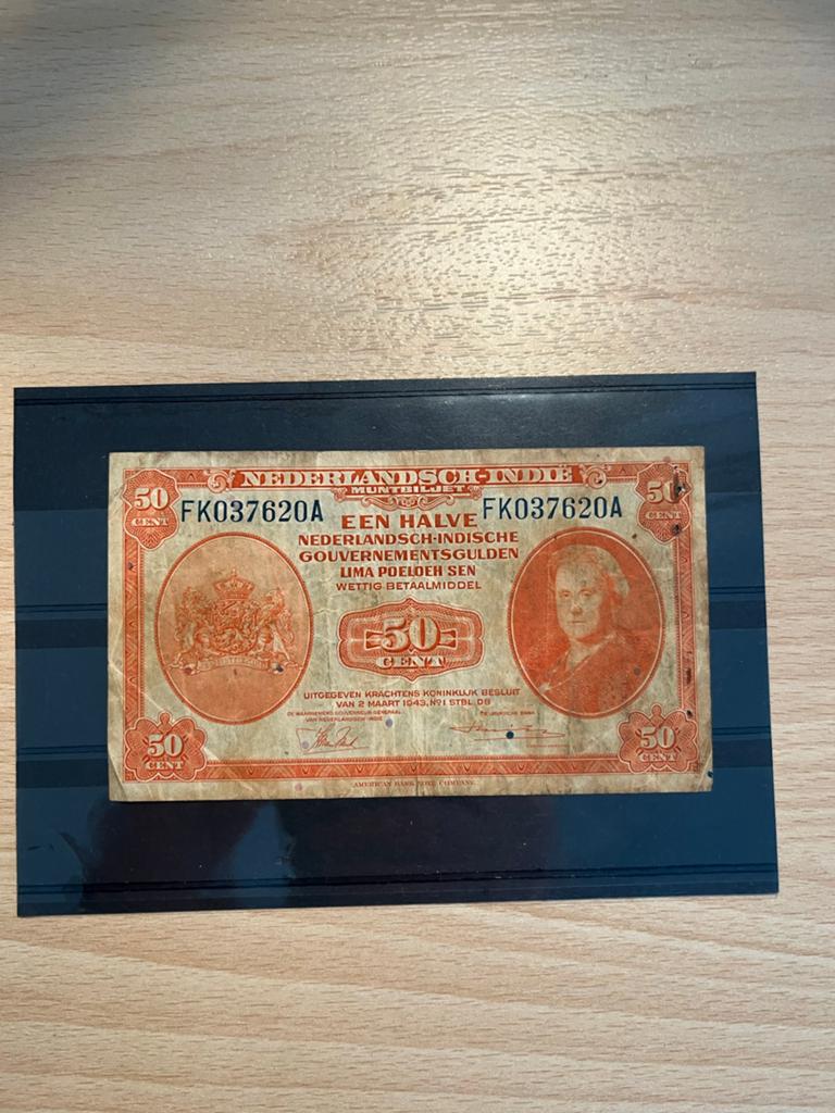Biljet halve gulden Nederlands-Indië 1943, Ophalen of Verzenden, 1 gulden, Los biljet