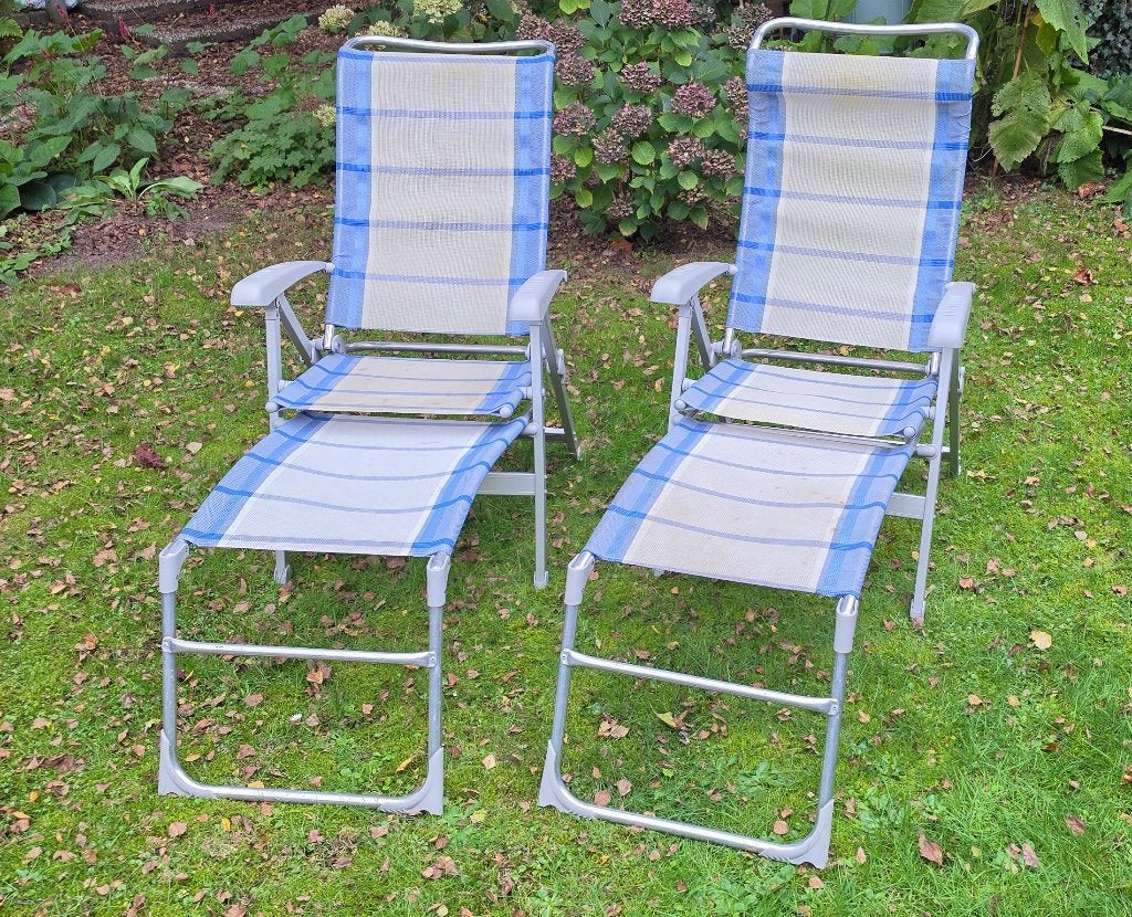 Twee verstelbare en inklapbare tuinstoelen, Tuin en Terras, Ophalen, Gebruikt, Aluminium, Inklapbaar