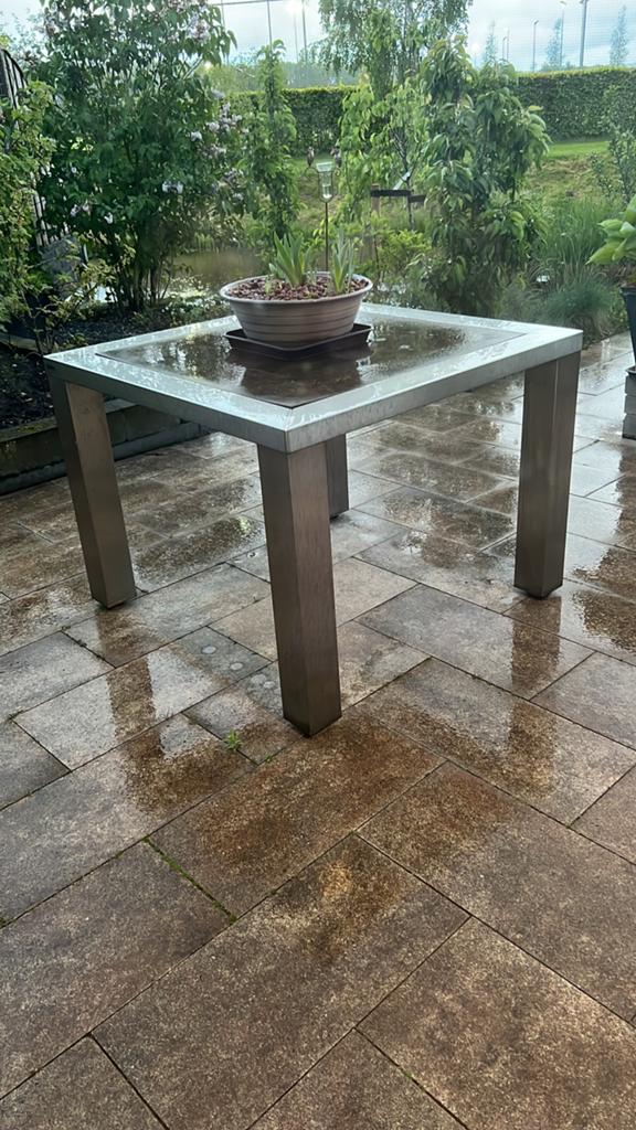 Desgn RVS tuintafel met natuurstenen blad., Tuin en Terras, Tuintafels, Ophalen, Gebruikt, Vierkant, Rvs