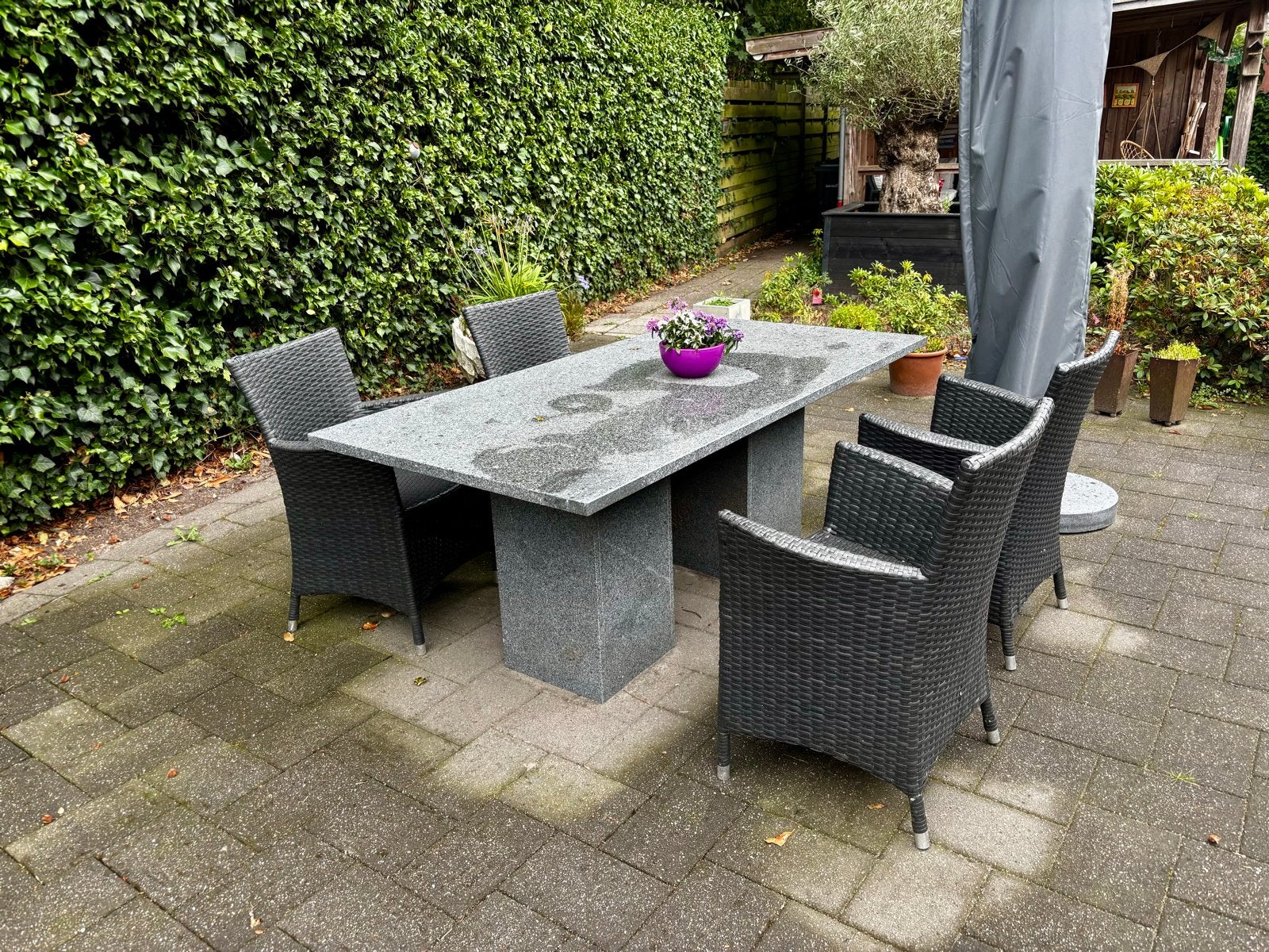 Set van 4 Antraciet Tuinstoelen met Kussens, Ophalen, Gebruikt, Wicker