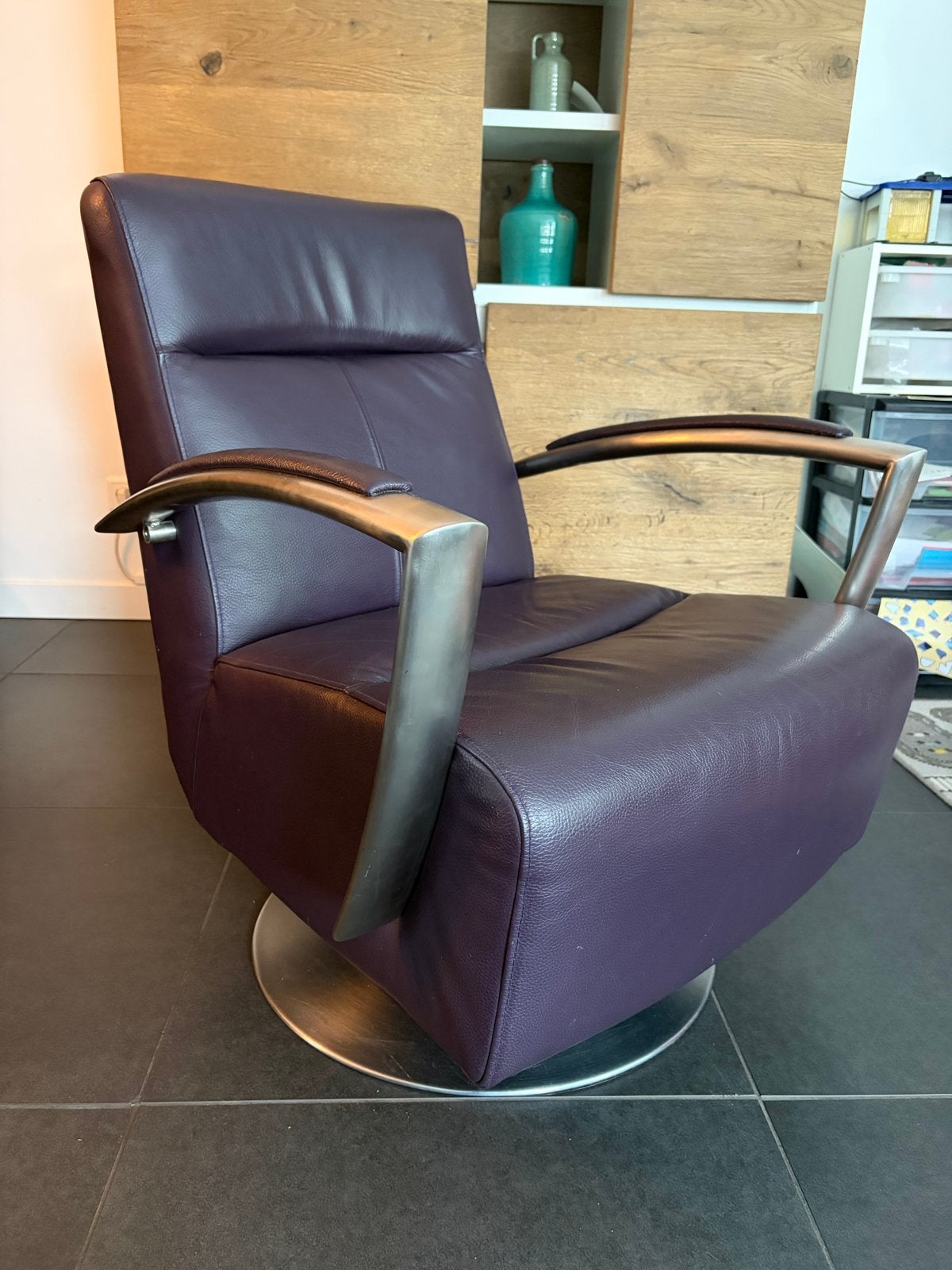 Design Stoel Paars Draaibaar met RVS Leuning, Ophalen, Gebruikt, Overige kleuren, Leer
