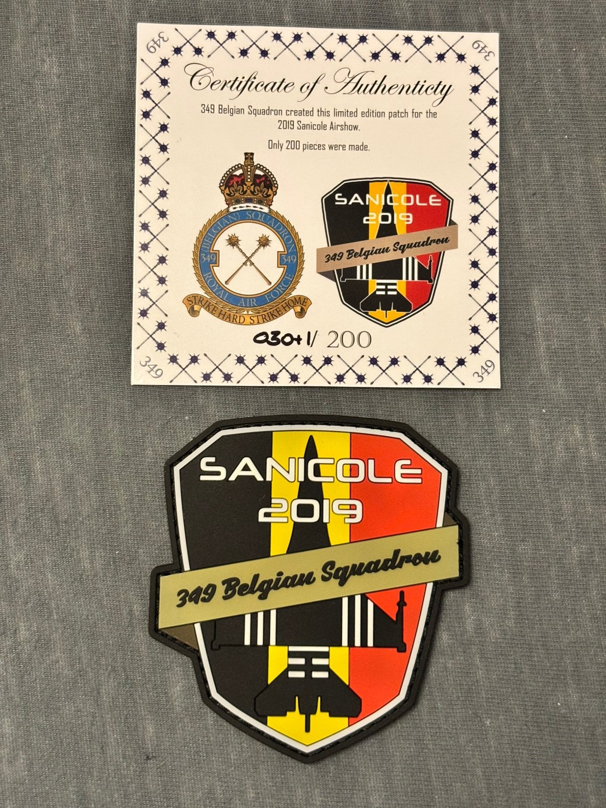 Limited edition patch sanicole 2019 BAF 349 SQN, Verzenden, Luchtmacht, Overige gebieden, Embleem of Badge