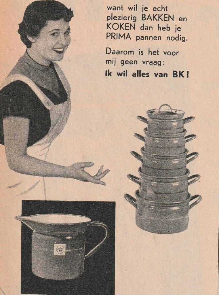 Retro reclame 1955 BK emaille complete pannen uitzet, Verzenden, Overige typen