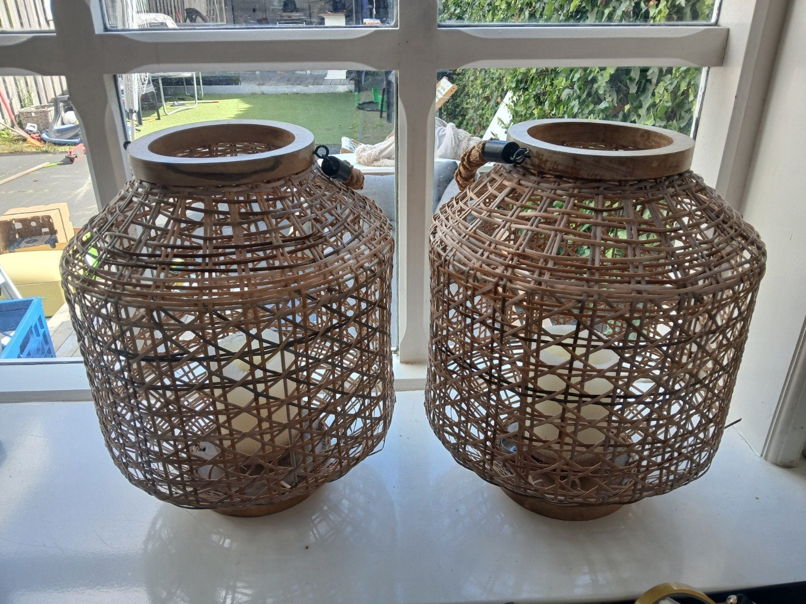 Rotan lantaarn met LED kaars - Set van 2, Bohemian, Natuurlijk materiaal, Ophalen of Verzenden, Zo goed als nieuw