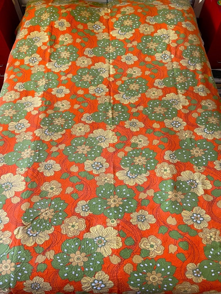 Groot retro vintage flanellen jaren 70 laken - Funky bloemen, Gebruikt, Eenpersoons, Meerkleurig, Ademend