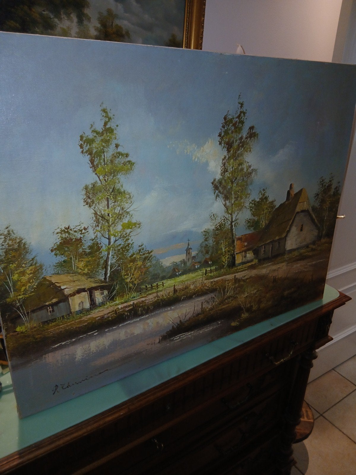 Schilderij: Landelijk Gezicht met Boerderijen en Kerk, Antiek en Kunst, Kunst | Schilderijen | Klassiek, Nederlandse school, Doek